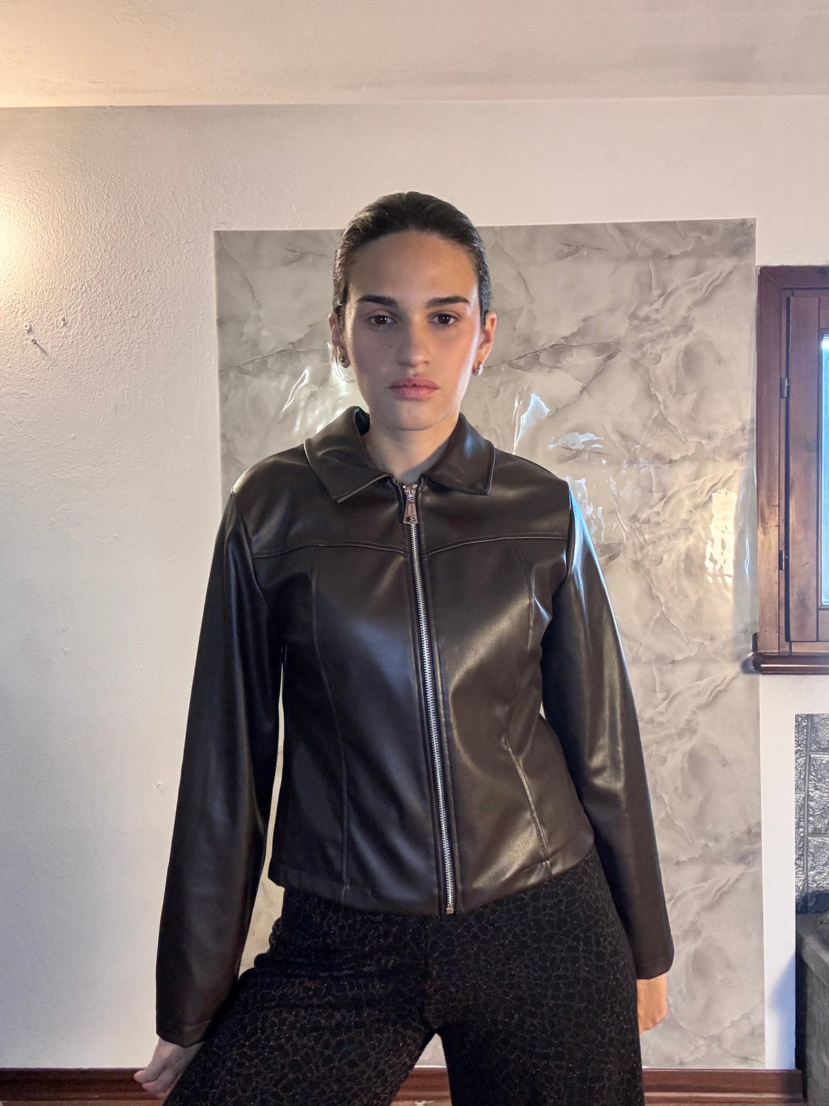 Giacca Biker in Similpelle Marrone Scuro