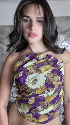 Top Bustino a Fascia Floreale Viola Drappeggiato