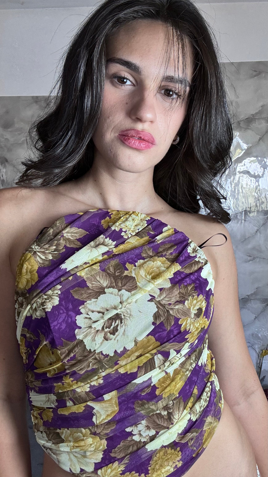 Top Bustino a Fascia Floreale Viola Drappeggiato