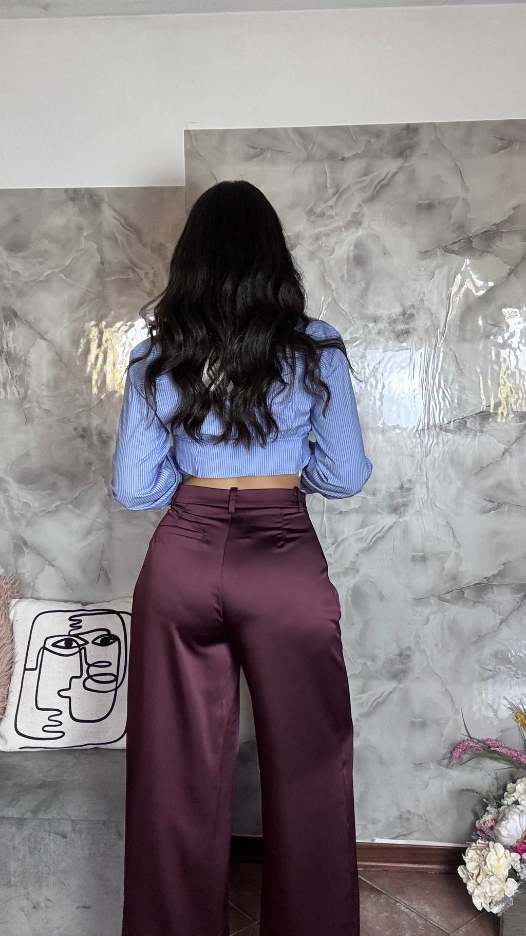 Pantalone Palazzo in Raso Bordeaux / Melanzana