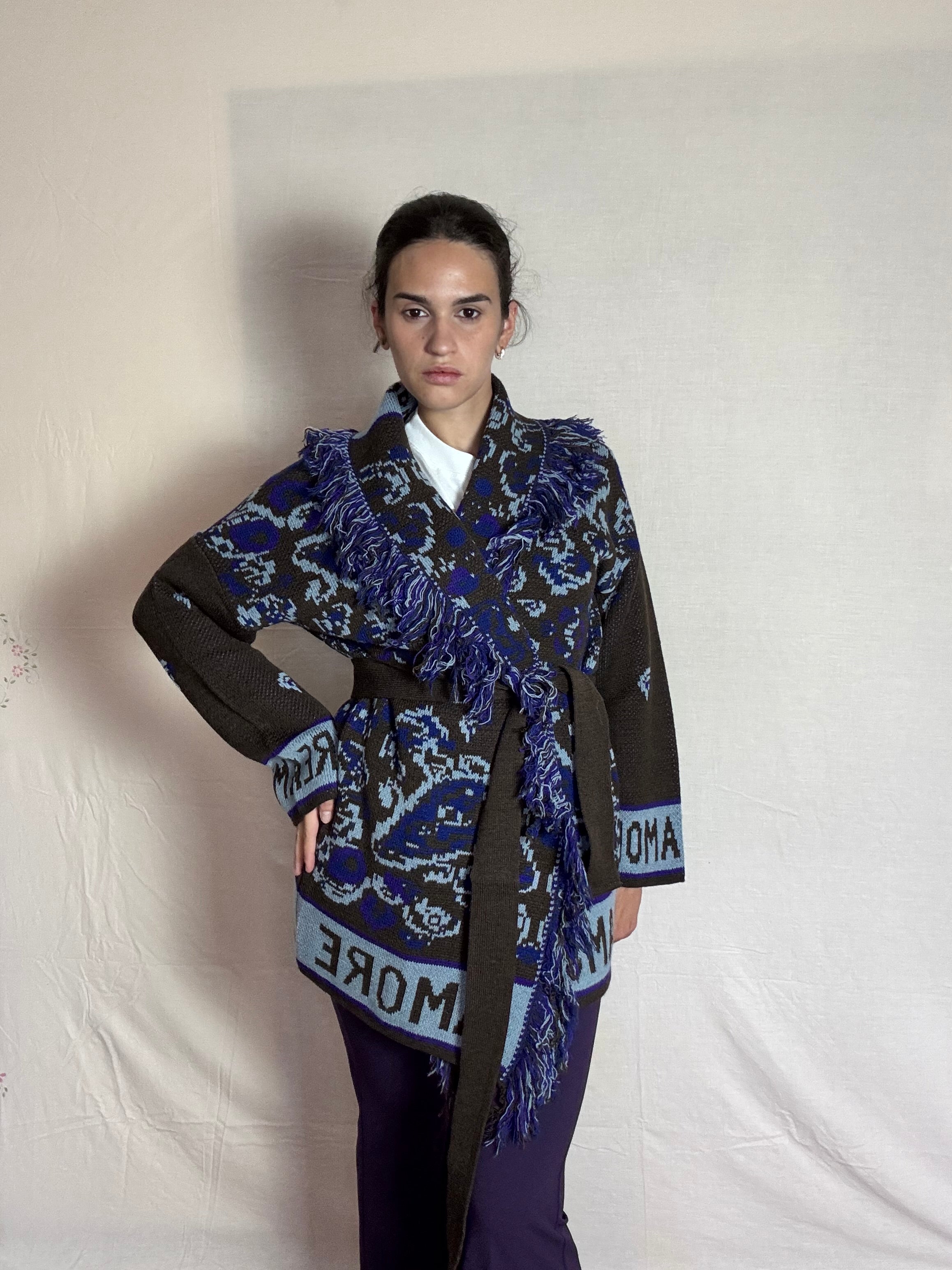 Cardigan a portafoglio in maglia testurizzata con frange VICOLO