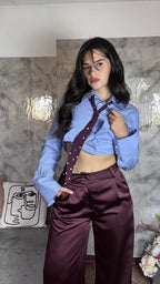 Pantalone Palazzo in Raso Bordeaux / Melanzana