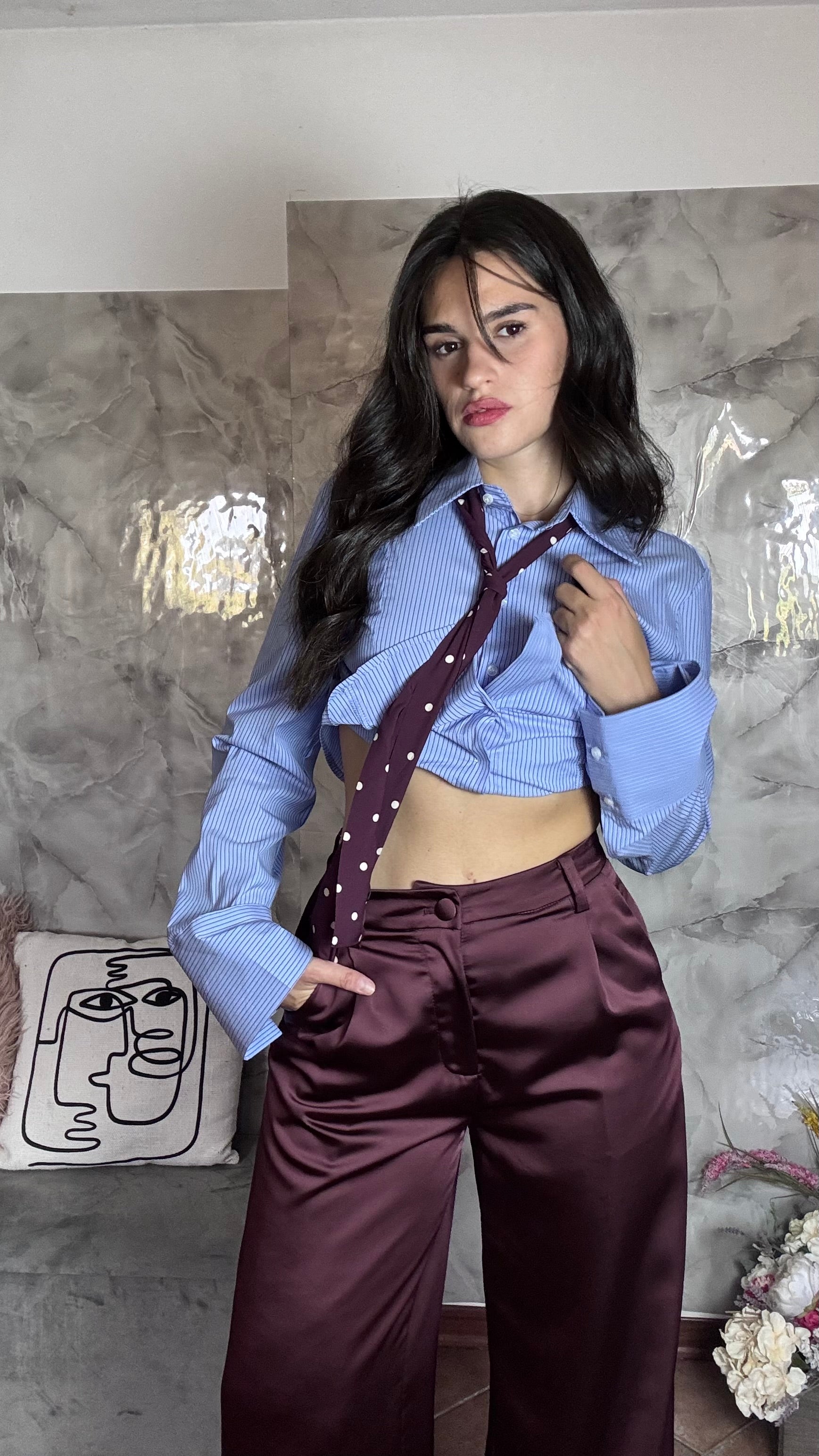 Pantalone Palazzo in Raso Bordeaux / Melanzana