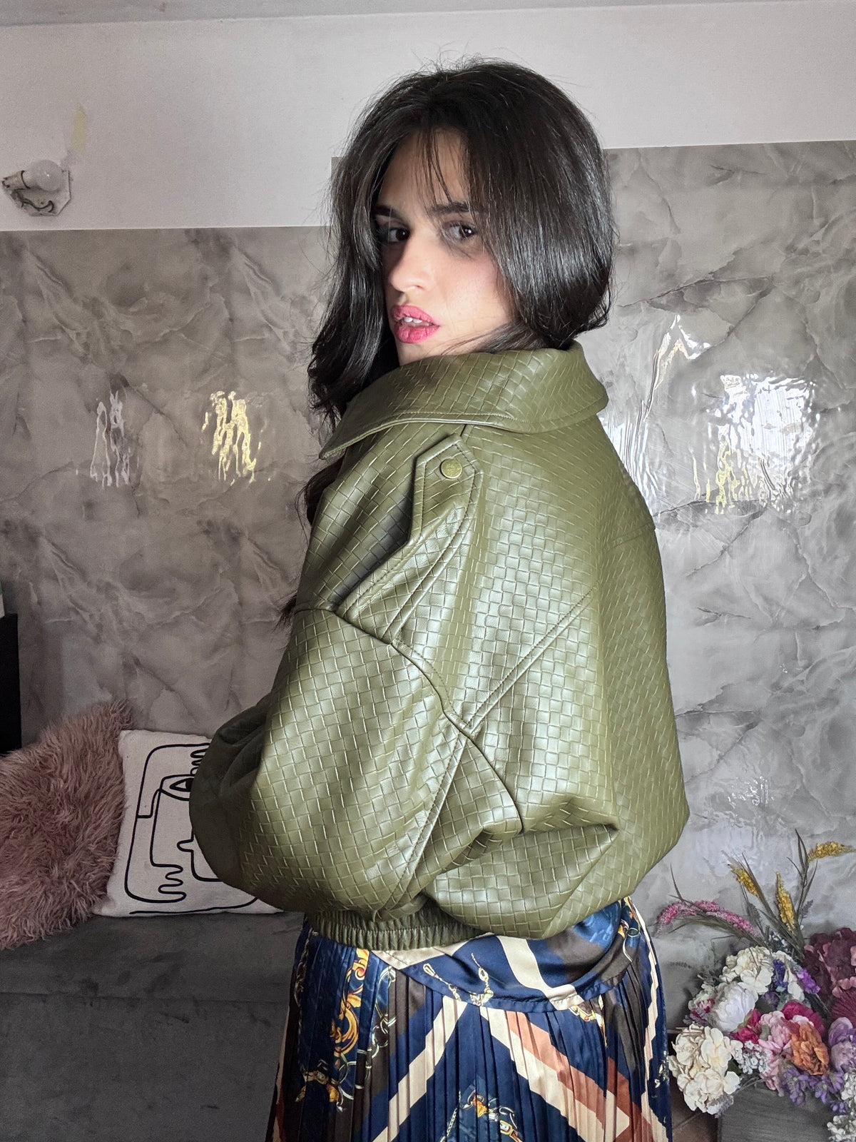 Chiodo Crop in Ecopelle Trama Intrecciata
