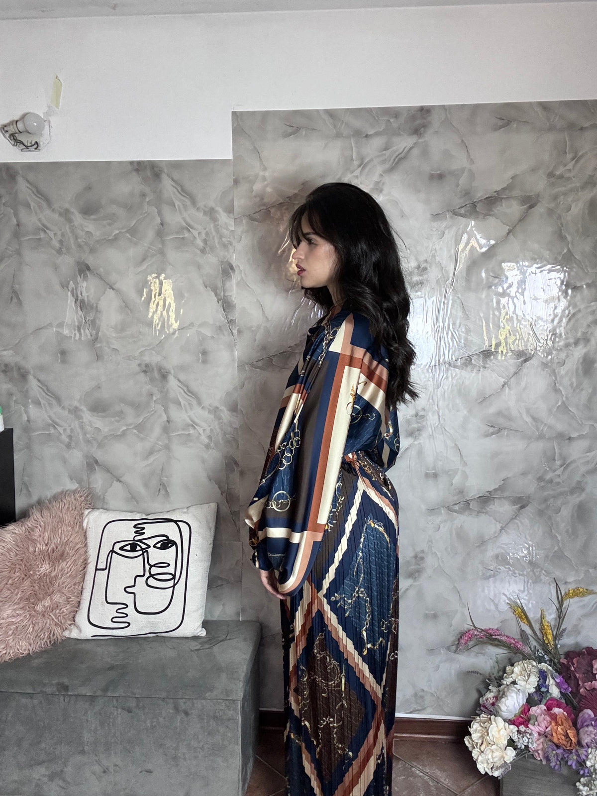 Co-ord Satin & Plissé Stampa Catene (Camicia Oversize + Pantalone Palazzo)