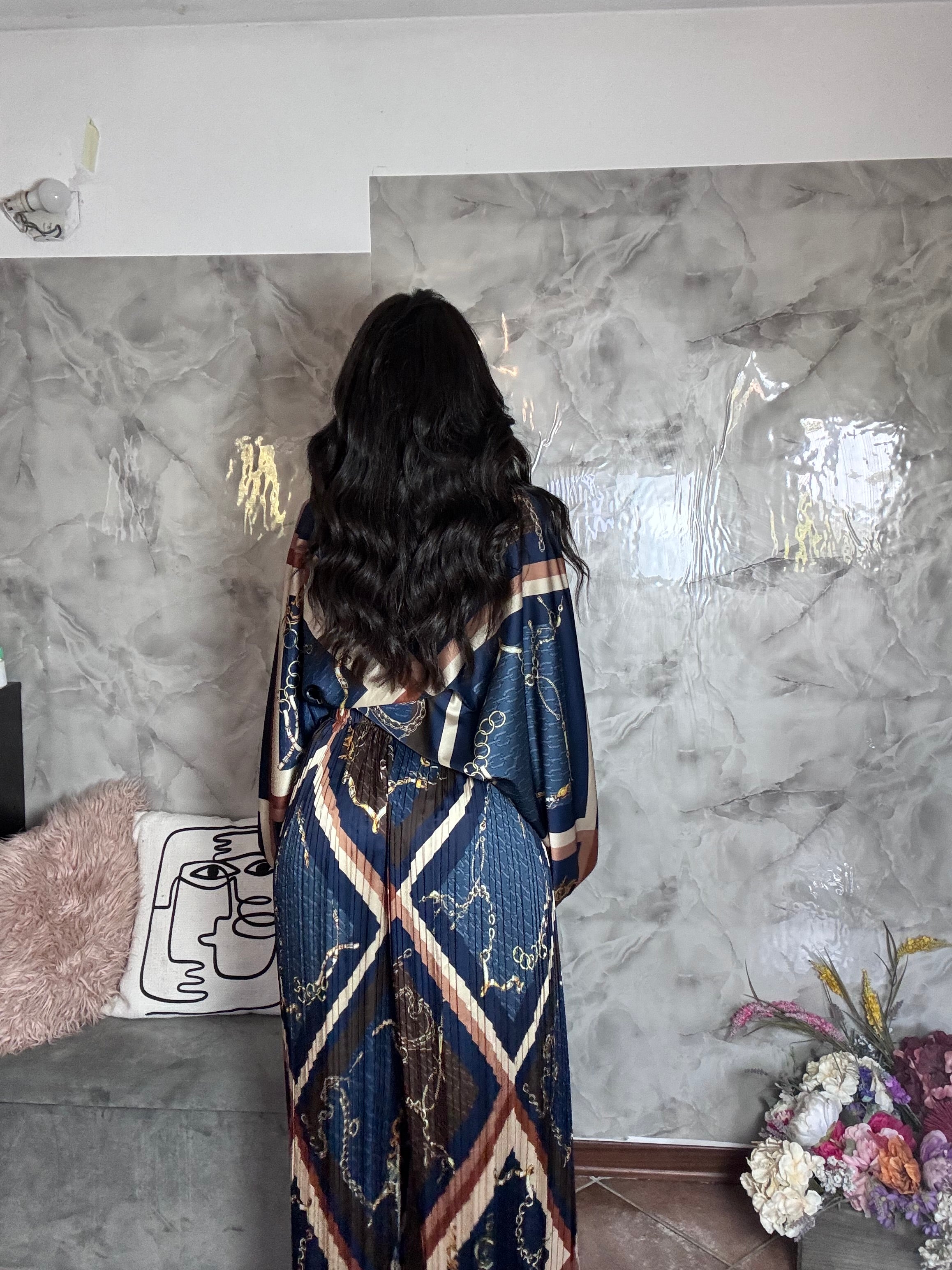 Co-ord Satin & Plissé Stampa Catene (Camicia Oversize + Pantalone Palazzo)