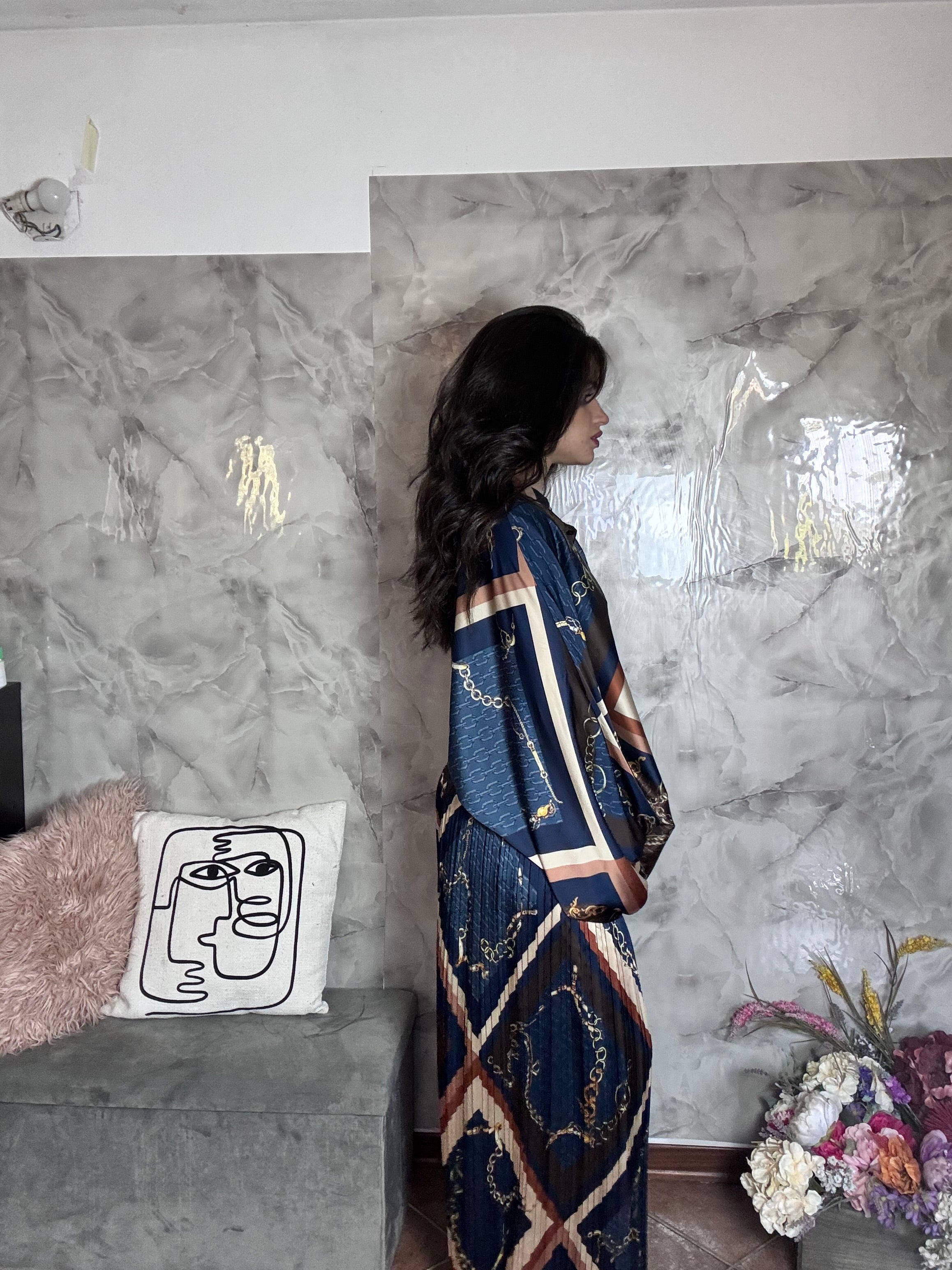 Co-ord Satin & Plissé Stampa Catene (Camicia Oversize + Pantalone Palazzo)